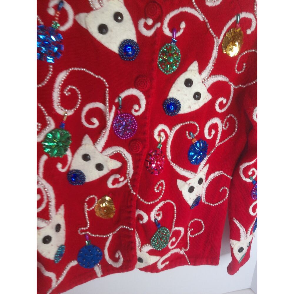 Vtg Michael Simon Red Reindeer Christmas Sweater Cardigan Beaded Wearable Art S - Picture 6 of 7
